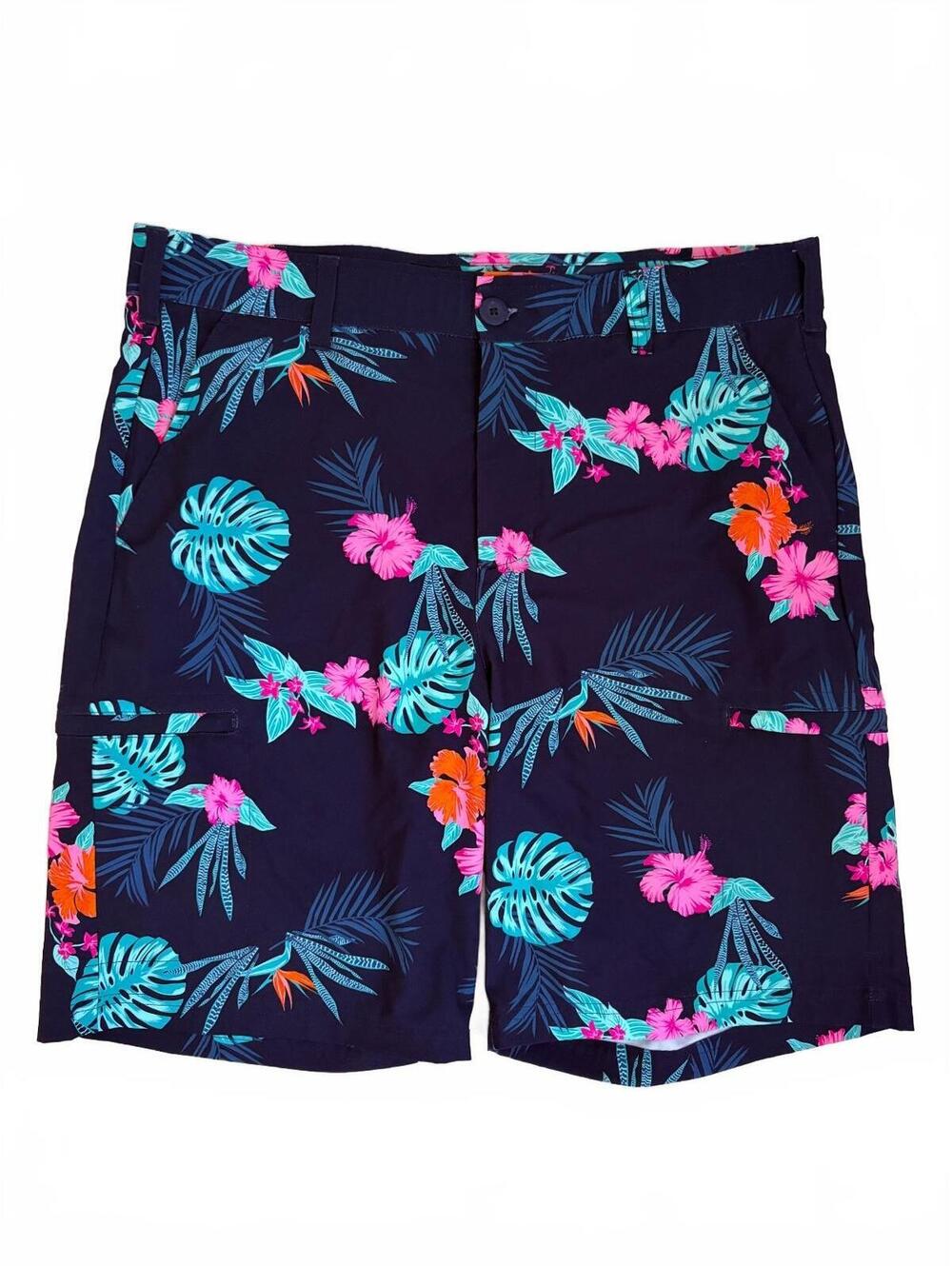 Birdie Bound Men's Tropical Floral Print Pink Orange Navy Shorts Size 34 Pockets